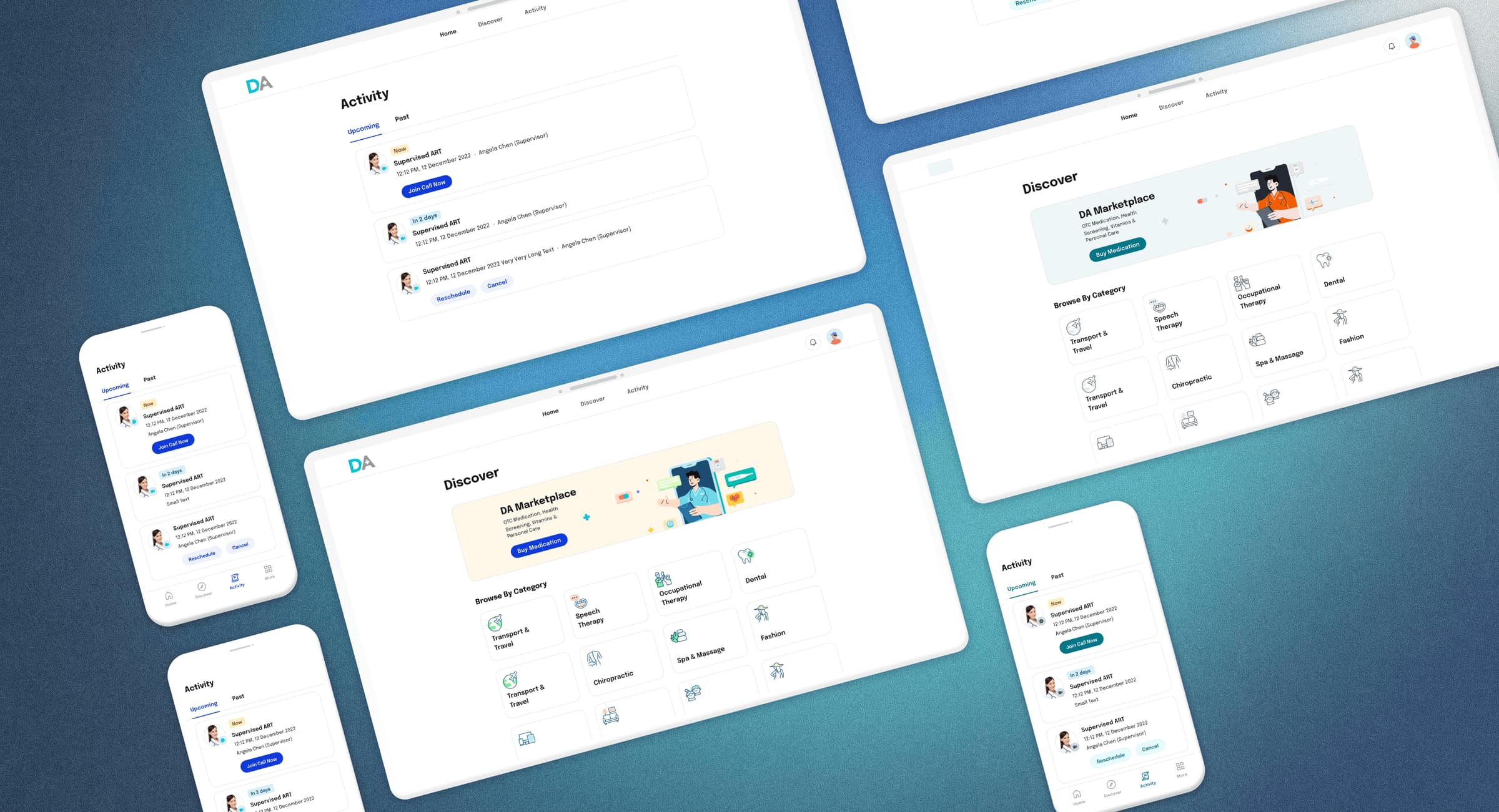 Doctor Anywhere's Activity and Discover screens shown together on desktop, tablet and phone. Activity lists upcoming appointments with Join Call Now, Reschedule and Cancel actions; Discover carries a DA Marketplace banner above a category grid - transport and travel, speech therapy, occupational therapy, dental, chiropractic, spa and massage.