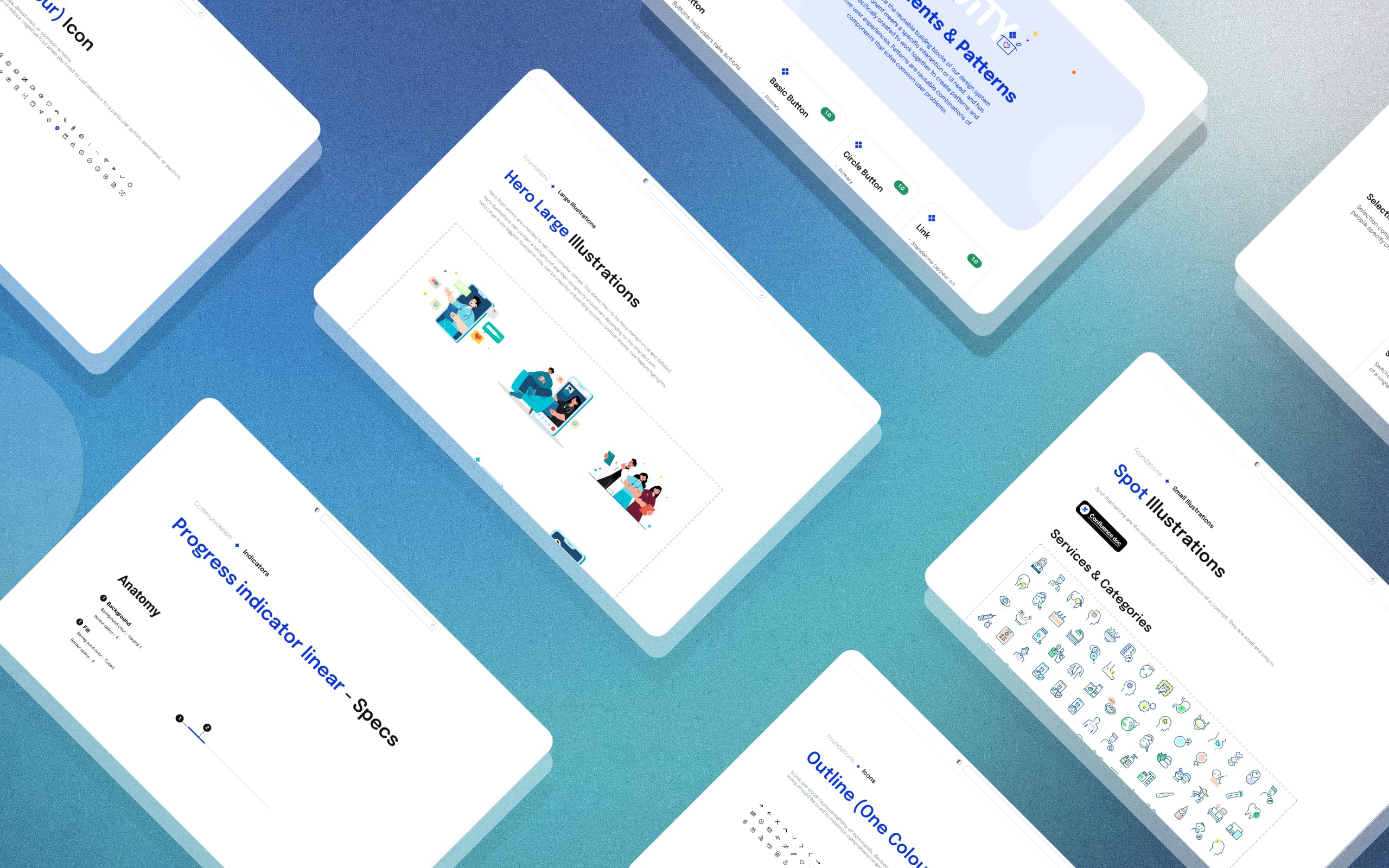 Pages of the Gravity design system documentation laid out at an angle across a blue gradient: a components and patterns index listing Basic Button, Circle Button and Link with 1.0 version tags, a hero illustration library, a grid of small line illustrations for services and categories, two pages of outline icons, a selection control page describing a switch, and a linear progress indicator spec broken into background and fill.