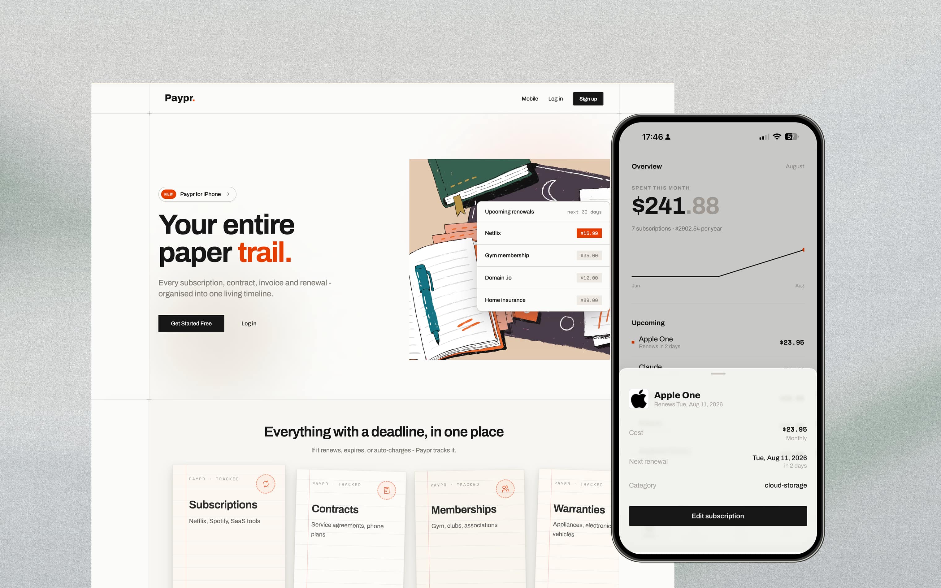 The Paypr marketing site with the iPhone app overlapping its right edge. The site's headline reads "Your entire paper trail." over the line "Every subscription, contract, invoice and renewal - organised into one living timeline", beside an illustration of notebooks and papers carrying a list of upcoming renewals - Netflix, a gym membership, a domain and home insurance. Below it, four ruled index cards label the things tracked: subscriptions, contracts, memberships and warranties. On the phone, an Overview screen totals $241.88 spent this month across 7 subscriptions, with a trend line from June to August and a sheet open on an Apple One renewal.