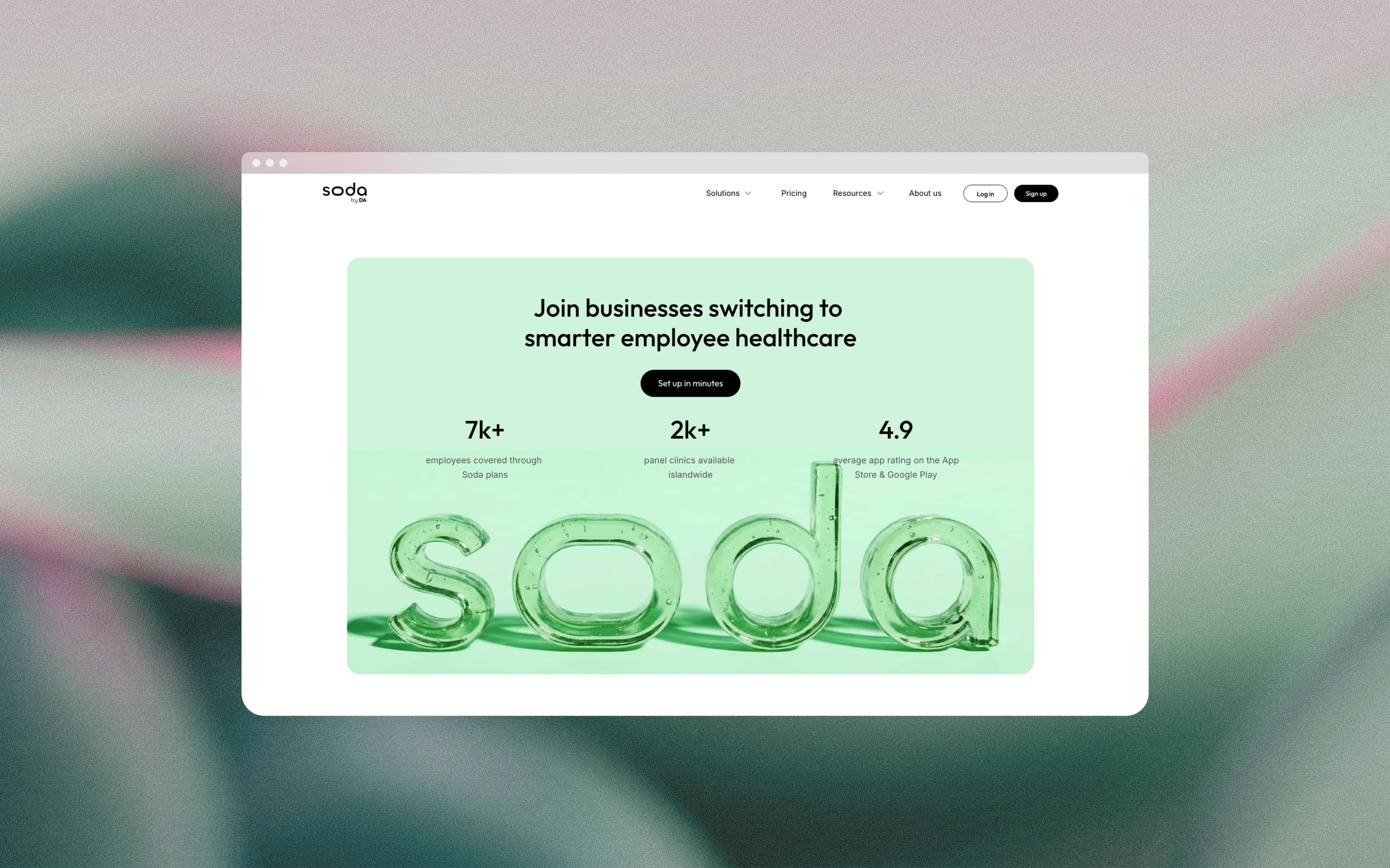 The Soda marketing site headed "Join businesses switching to smarter employee healthcare", with a set-up call to action and three figures: 7,000+ employees covered through Soda plans, 2,000+ panel clinics available islandwide, and a 4.9 average app rating on the App Store and Google Play. Below them the Soda logotype is rendered as translucent green glass.